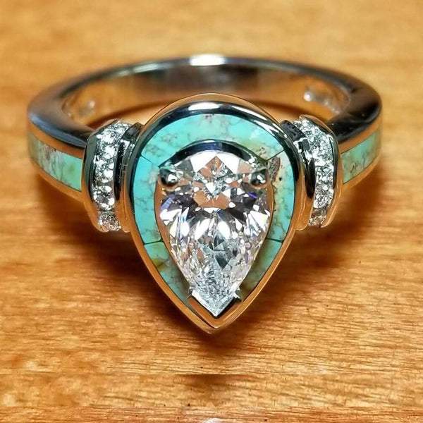 Pear Diamond Inlay Turquoise Engagement Ring
