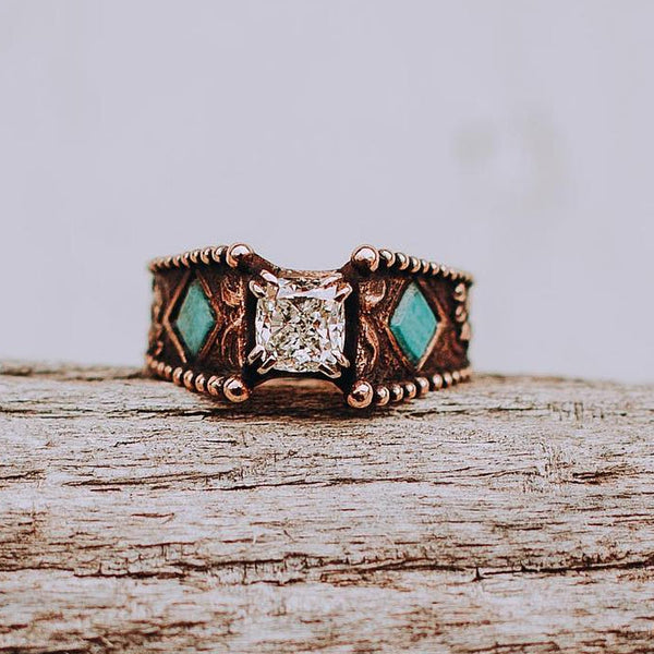 Womens Engraved Western Turquoise Engagement Ring