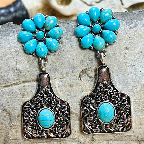 Turquoise Engraved Floral Western Cowboy Earrings