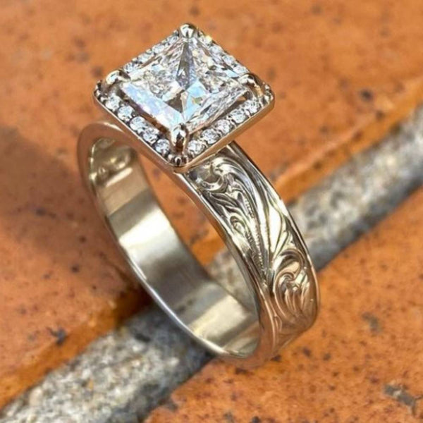 Flower Engraved Square Western Diamond Ring