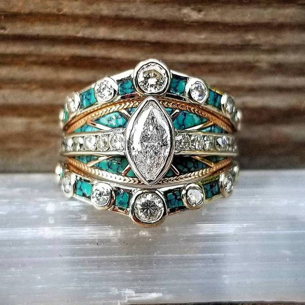 3pc Inlay Crush Turquoise Diamond Ring for Women