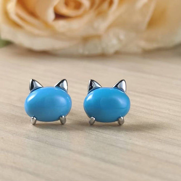 Cute Cat Turquoise Stud Earrings