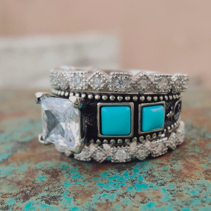 Large square zircon and turquoise vintage ring with intricate silver detailing