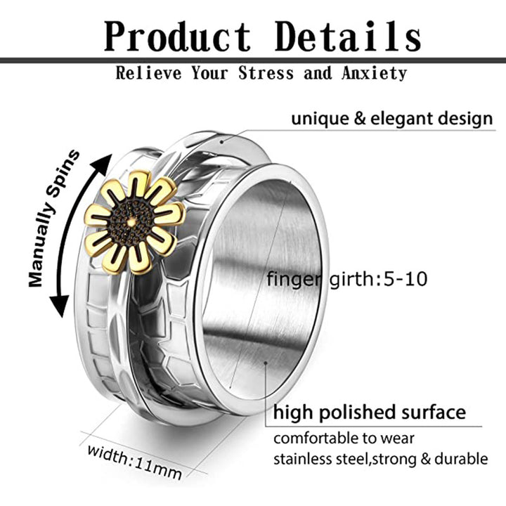 Steel sunflower hive band ring with manual spin feature and elegant gold flower accent.