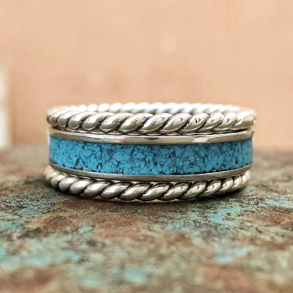 3pc Silver Twist Crush Turquoise Bnad Ring Set