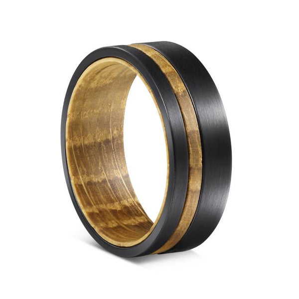 Mens Tungsten Black Stripe Wood Band Ring