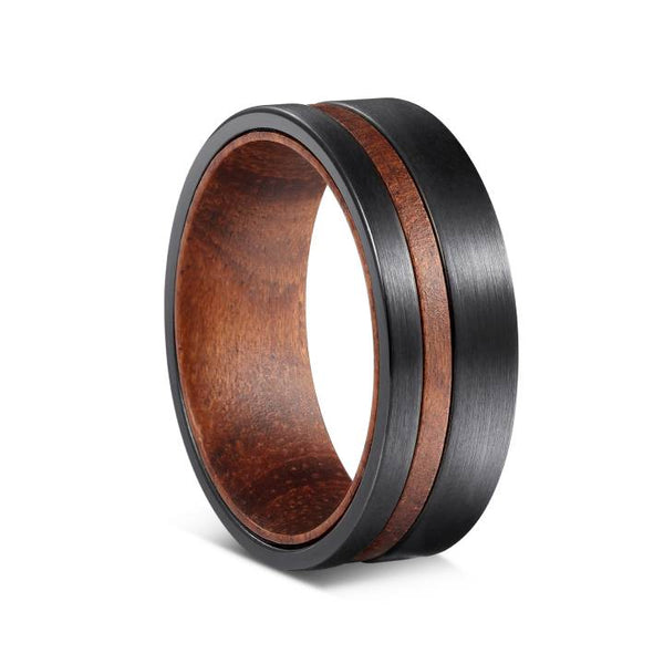 Mens Tungsten Acacia Stripe Wood Band Ring