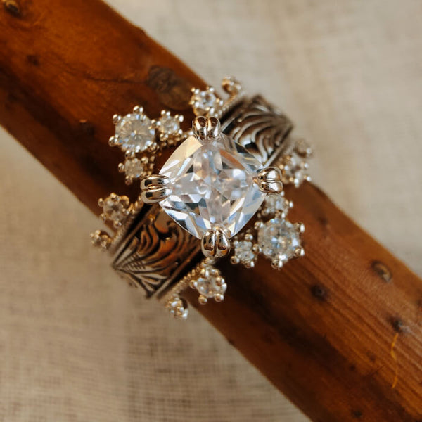 3pc Sterling Silver Diamond Flower Engraed Women's Western Rings