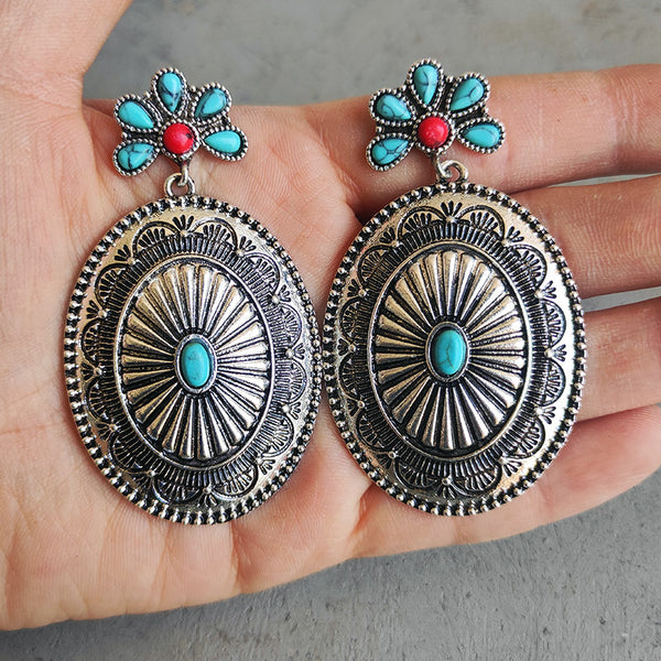 Turquoise Blossom Engraved Oval Earrings