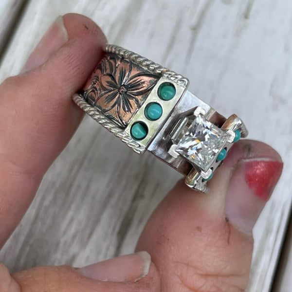 Women Flower Square Diamond Western Turquoise Wedding Ring