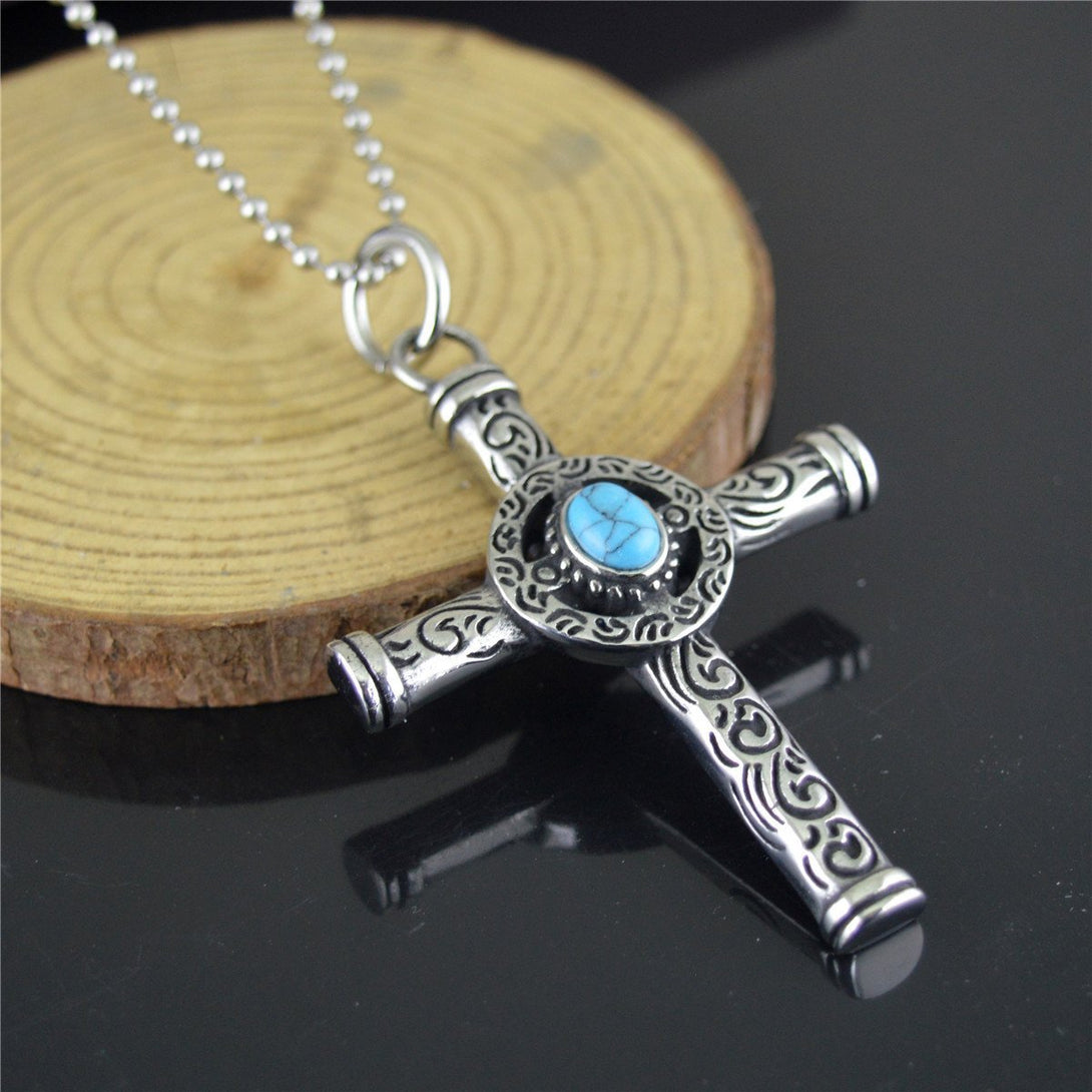 Retro Hip hop Cross turquoise necklace - zocavia