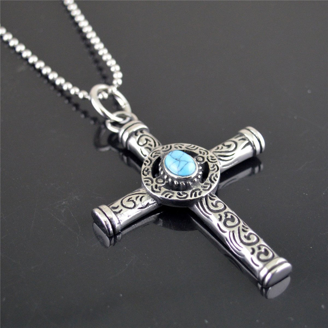 Retro Hip hop Cross turquoise necklace - zocavia